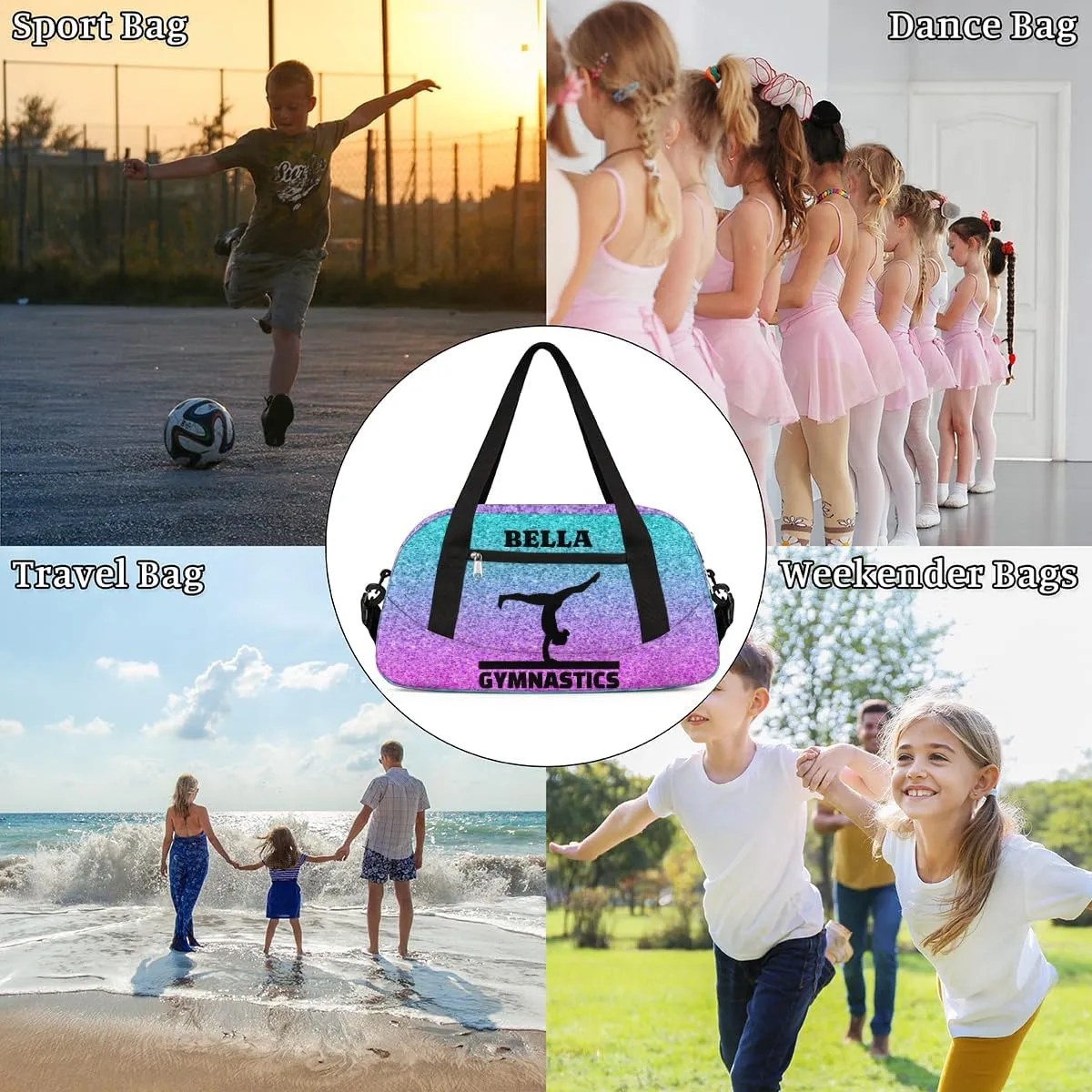 Personalized Dance Bag Gym Bag for Girl, Custom Sport Duffel Bag Weekender Bags Travel Duffel Bag Blue Purple Gymnastics