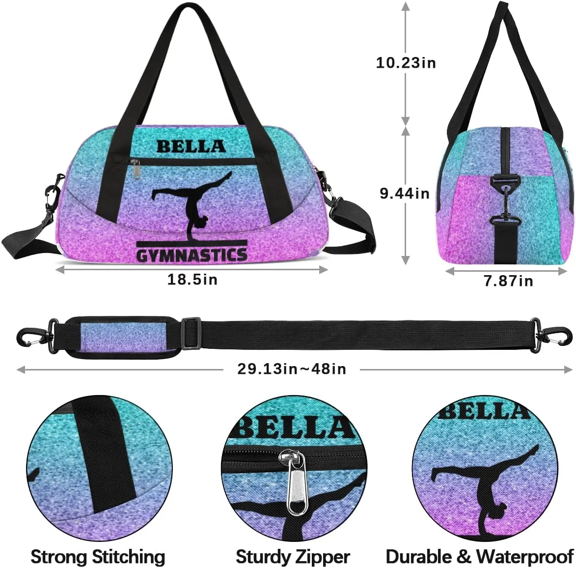 Personalized Dance Bag Gym Bag for Girl, Custom Sport Duffel Bag Weekender Bags Travel Duffel Bag Blue Purple Gymnastics