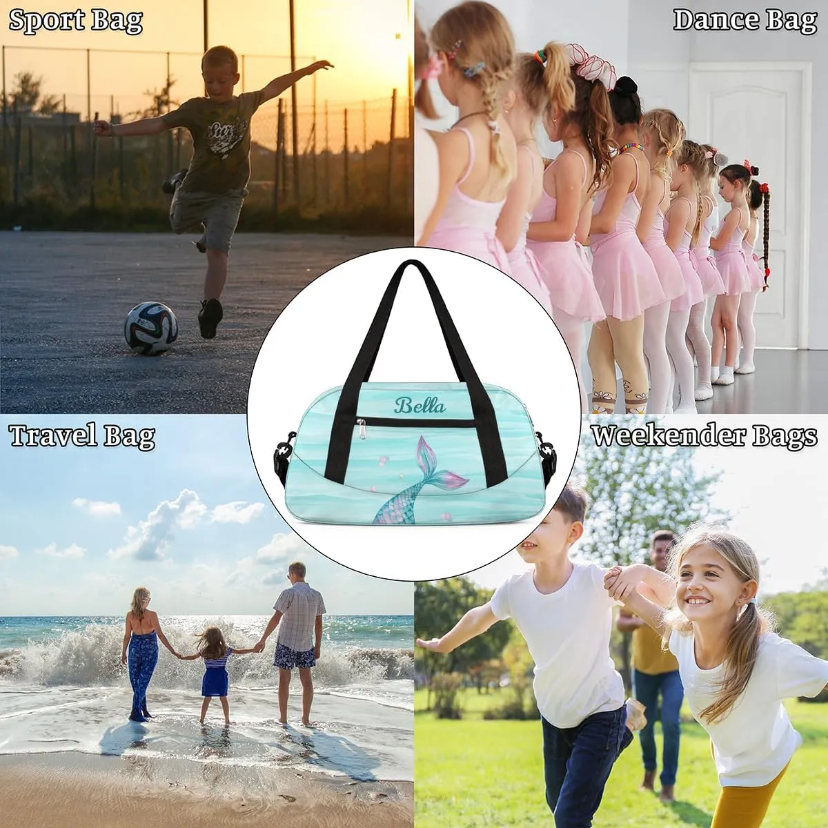 Personalized Dance Bag Gym Bag for Girl, Custom Sport Duffel Bag Weekender Bags Travel Duffel Bag Mermaids Tail Watercolor