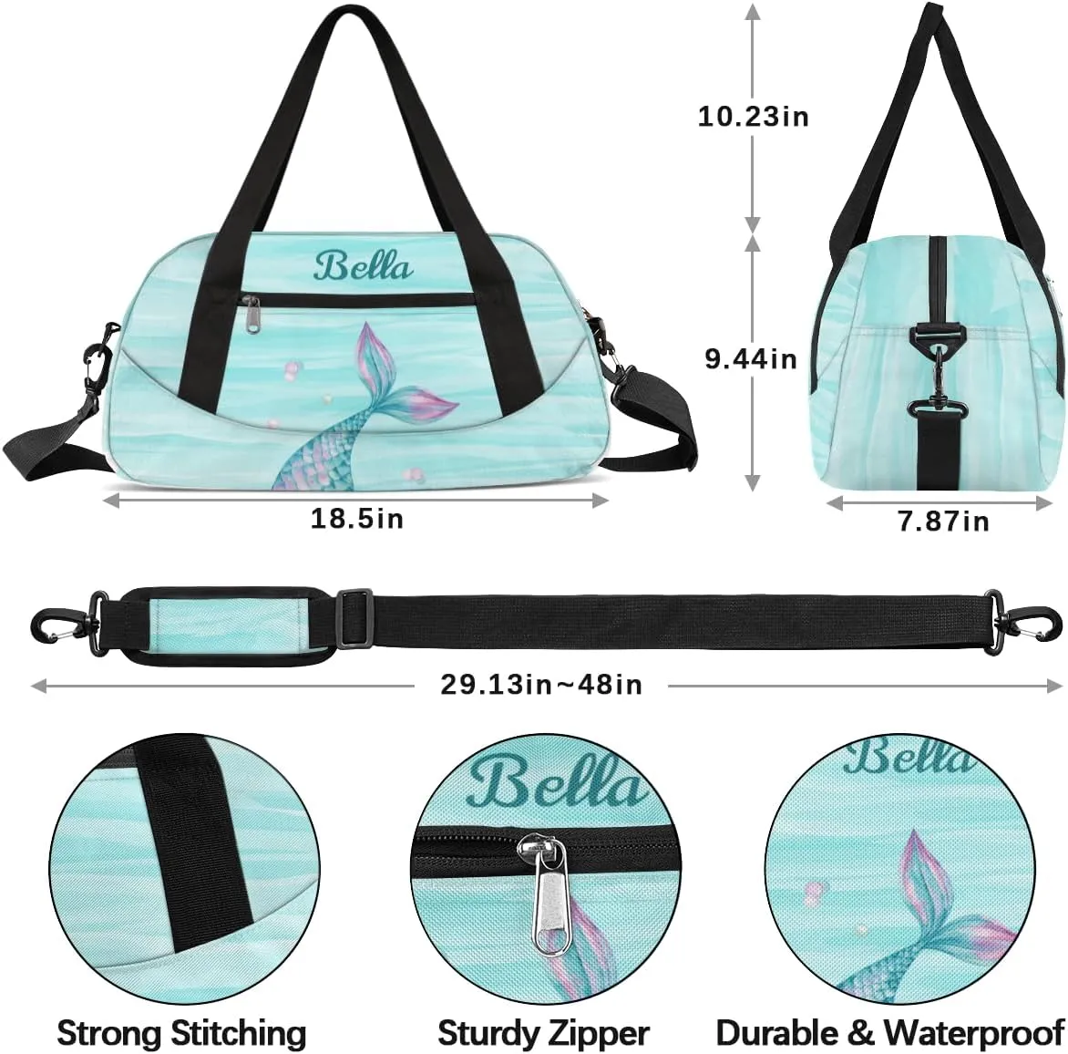 Personalized Dance Bag Gym Bag for Girl, Custom Sport Duffel Bag Weekender Bags Travel Duffel Bag Mermaids Tail Watercolor