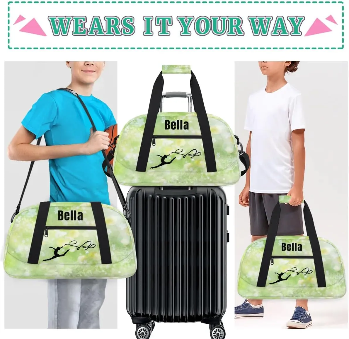 Personalized Dance Bag Gym Bag for Girl,Custom Sport Duffel Bag Weekender Bags Travel Duffel Bag Gymnastics Light Green Stars, Option 32