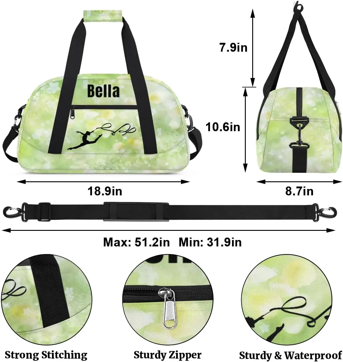 Personalized Dance Bag Gym Bag for Girl,Custom Sport Duffel Bag Weekender Bags Travel Duffel Bag Gymnastics Light Green Stars, Option 32