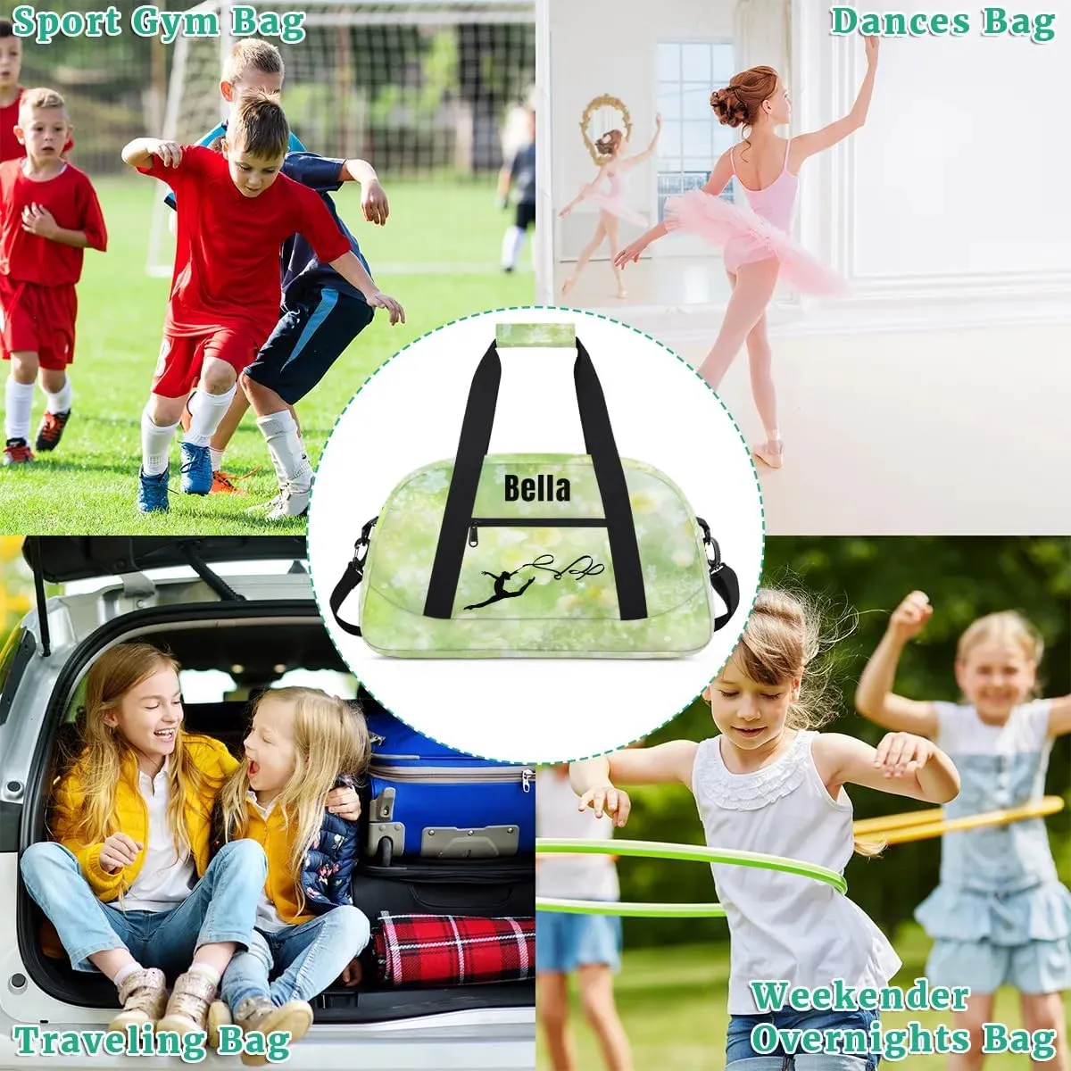 Personalized Dance Bag Gym Bag for Girl,Custom Sport Duffel Bag Weekender Bags Travel Duffel Bag Gymnastics Light Green Stars, Option 32