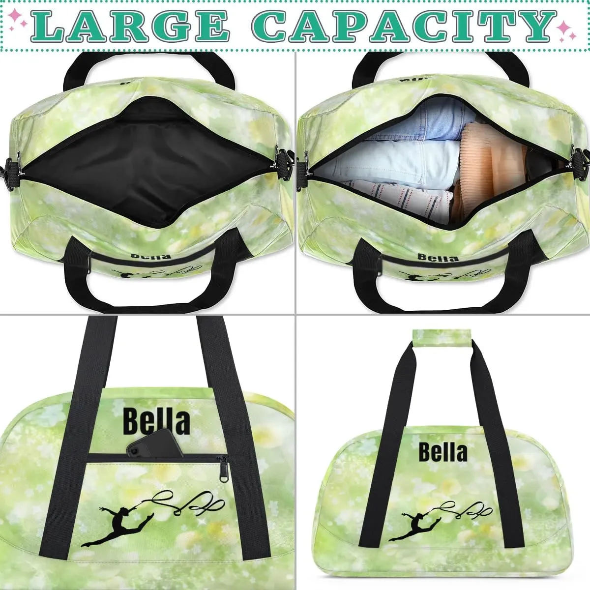 Personalized Dance Bag Gym Bag for Girl,Custom Sport Duffel Bag Weekender Bags Travel Duffel Bag Gymnastics Light Green Stars, Option 32