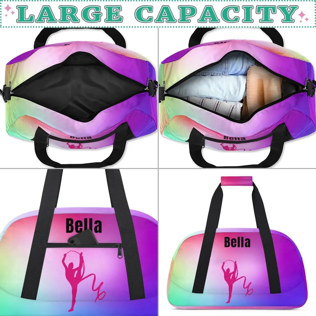 Personalized Dance Bag Gym Bag for Girl,Custom Sport Duffel Bag Weekender Bags Travel Duffel Bag Gymnastics (Multicolor 1), Option 8