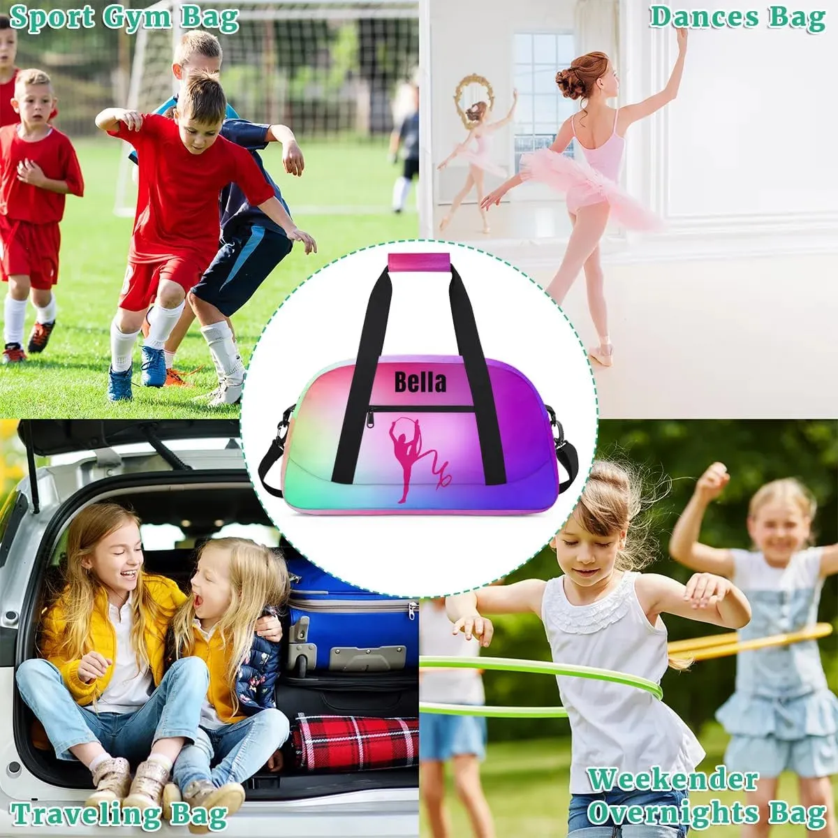 Personalized Dance Bag Gym Bag for Girl,Custom Sport Duffel Bag Weekender Bags Travel Duffel Bag Gymnastics (Multicolor 1), Option 8