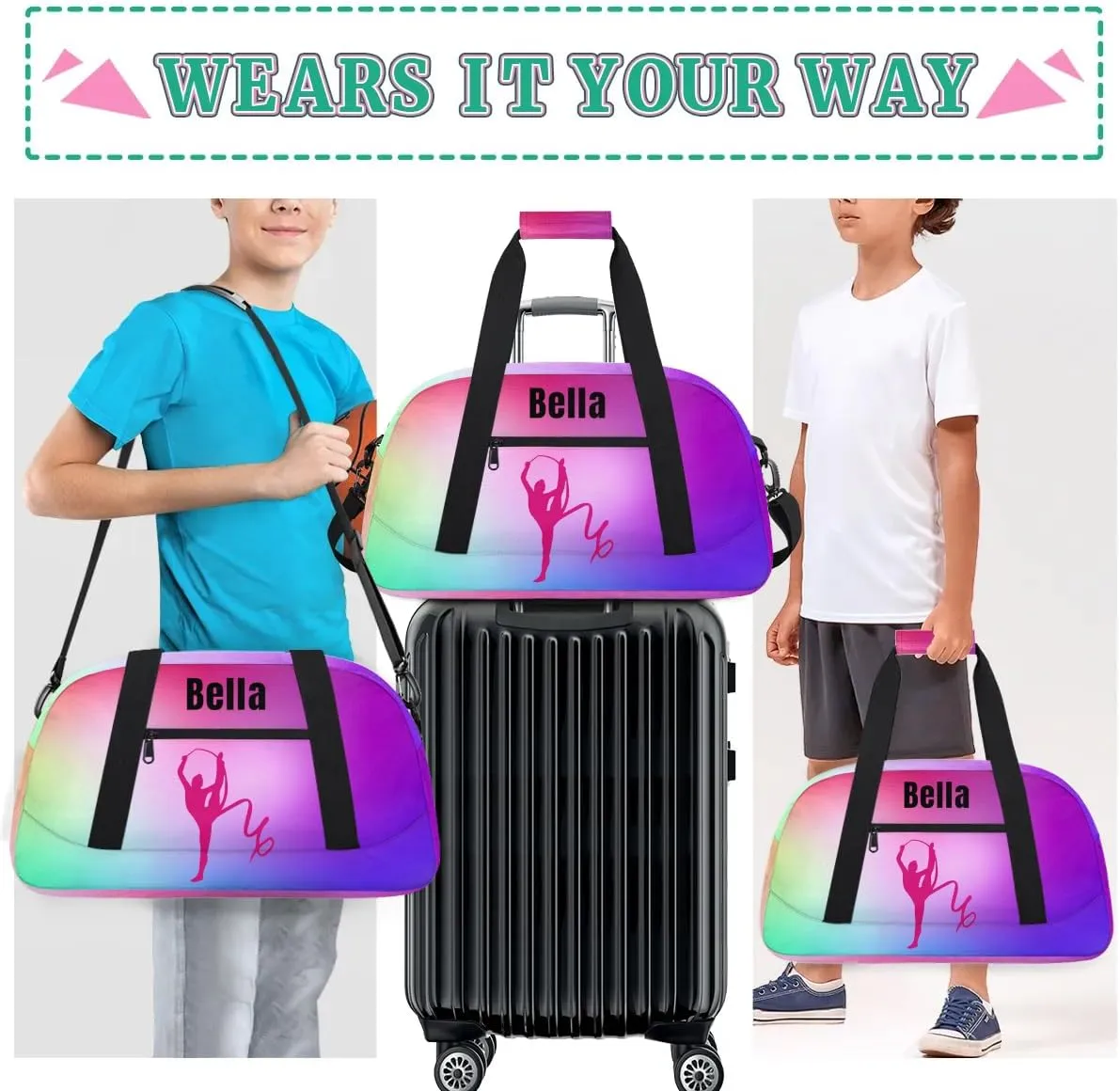 Personalized Dance Bag Gym Bag for Girl,Custom Sport Duffel Bag Weekender Bags Travel Duffel Bag Gymnastics (Multicolor 1), Option 8