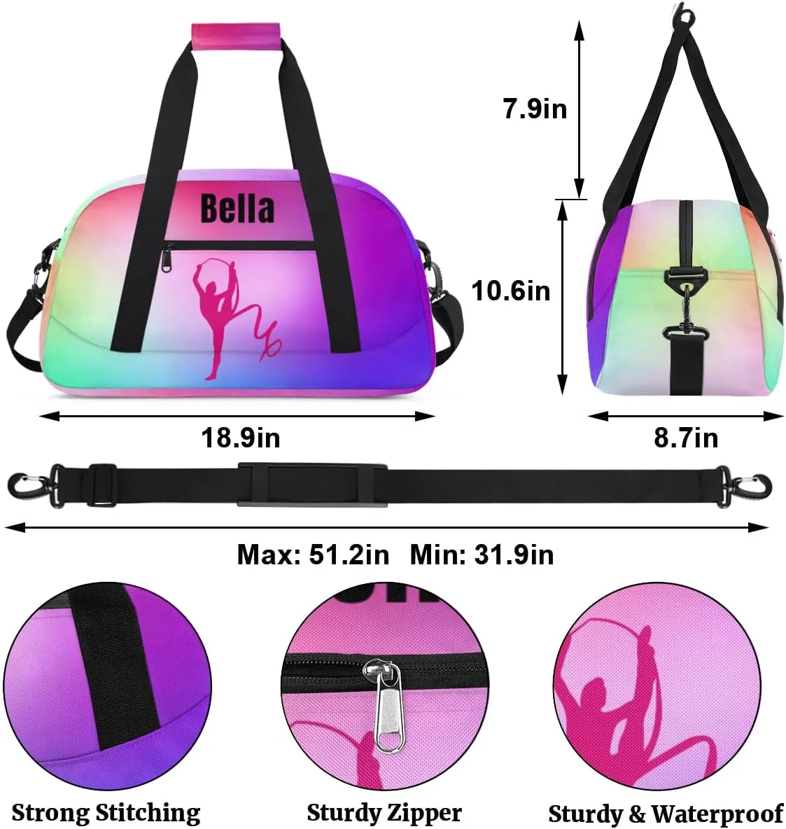 Personalized Dance Bag Gym Bag for Girl,Custom Sport Duffel Bag Weekender Bags Travel Duffel Bag Gymnastics (Multicolor 1), Option 8