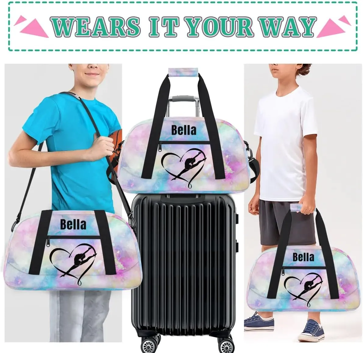 Personalized Dance Bag Gym Bag for Girl,Custom Sport Duffel Bag Weekender Bags Travel Duffel Bag Gymnastics (Multicolor 7), Option 14