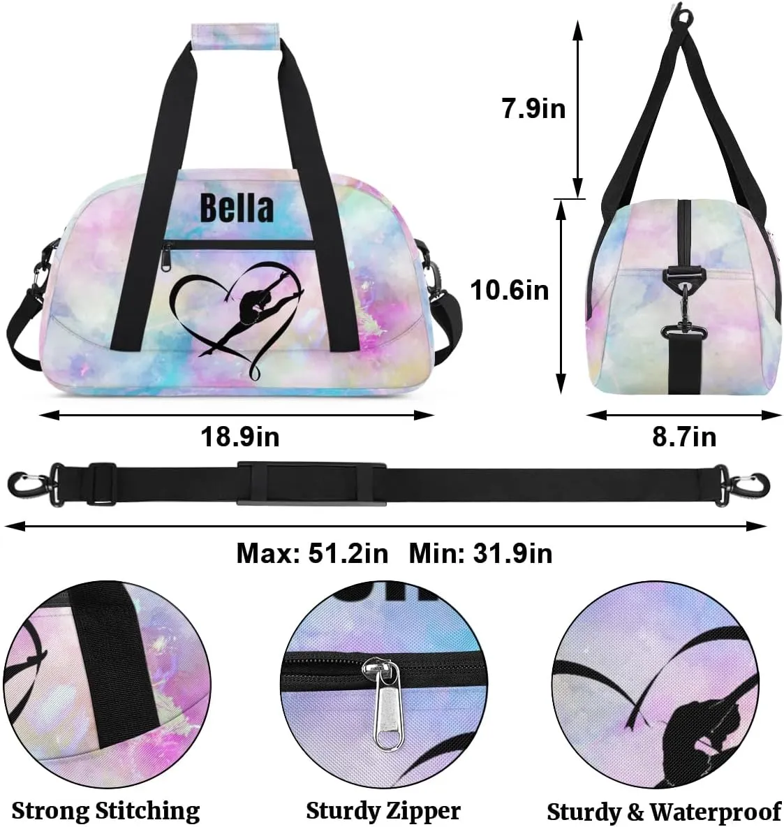 Personalized Dance Bag Gym Bag for Girl,Custom Sport Duffel Bag Weekender Bags Travel Duffel Bag Gymnastics (Multicolor 7), Option 14