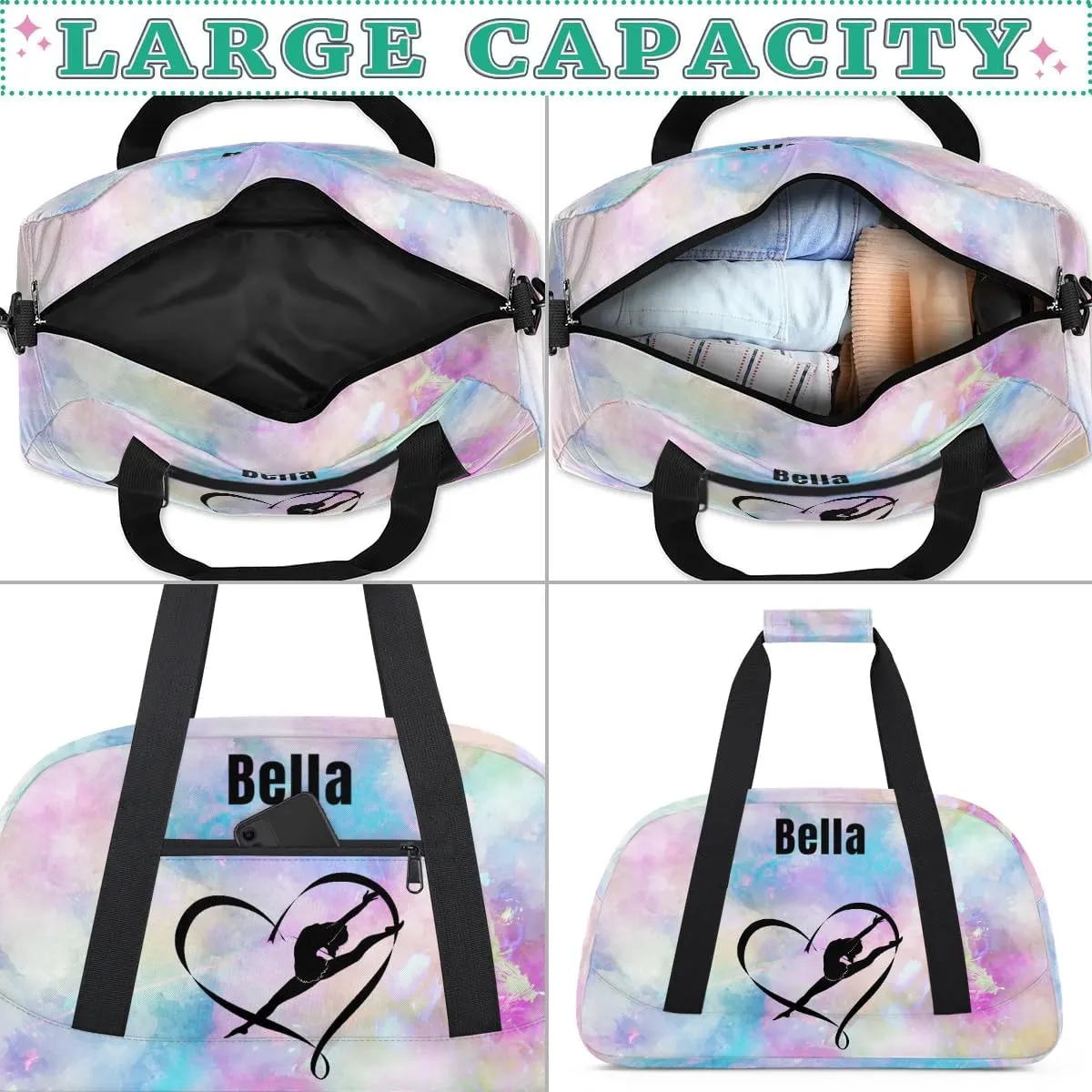 Personalized Dance Bag Gym Bag for Girl,Custom Sport Duffel Bag Weekender Bags Travel Duffel Bag Gymnastics (Multicolor 7), Option 14