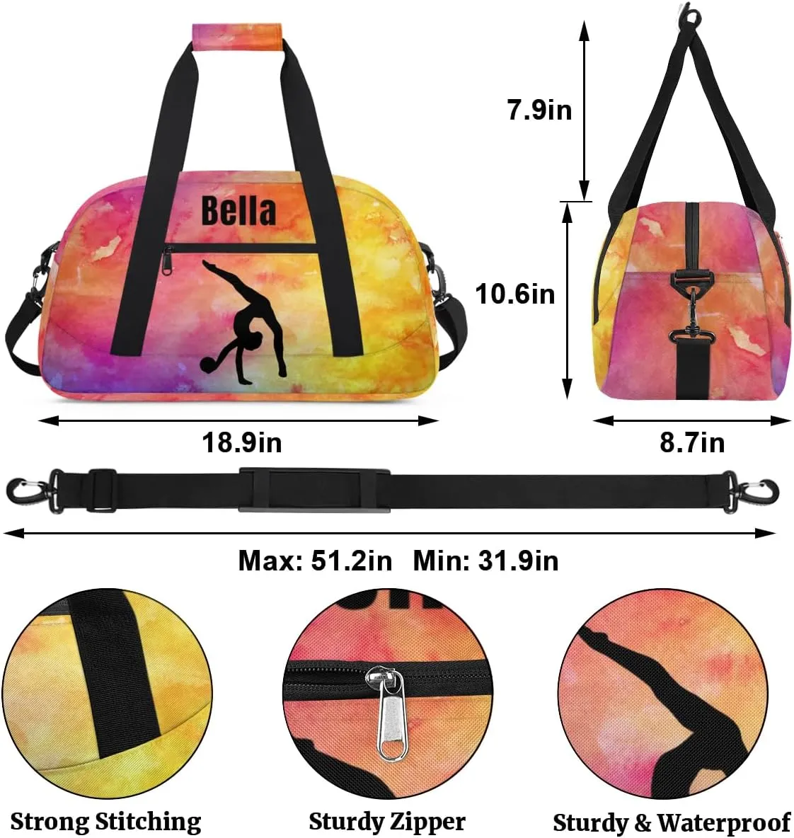 Personalized Dance Bag Gym Bag for Girl,Custom Sport Duffel Bag Weekender Bags Travel Duffel Bag Gymnastics (Multicolor 8), Option 15