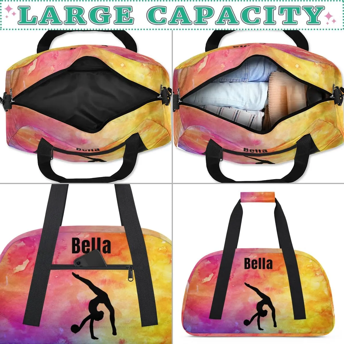 Personalized Dance Bag Gym Bag for Girl,Custom Sport Duffel Bag Weekender Bags Travel Duffel Bag Gymnastics (Multicolor 8), Option 15