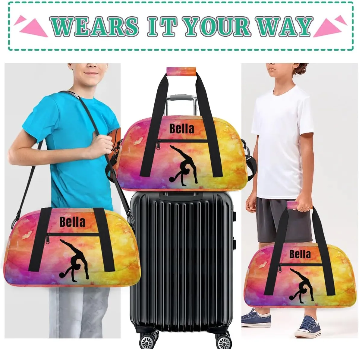 Personalized Dance Bag Gym Bag for Girl,Custom Sport Duffel Bag Weekender Bags Travel Duffel Bag Gymnastics (Multicolor 8), Option 15