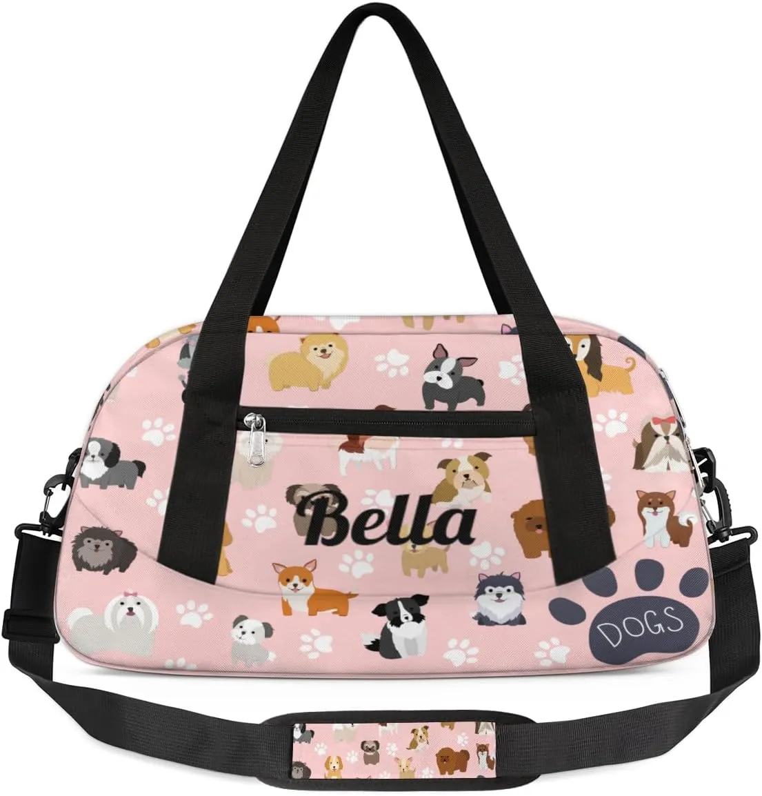 Personalized Dance Bag Gym Bag for Girls Boys, Personalized Custom Sports Gym Bag, Customized Kids Travel Duffel Bags Weekender Overnight Bag for Kids, Cute Dog Puppy Set Paw Print Pink