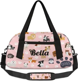 Personalized Dance Bag Gym Bag for Girls Boys, Personalized Custom Sports Gym Bag, Customized Kids Travel Duffel Bags Weekender Overnight Bag for Kids, Cute Dog Puppy Set Paw Print Pink