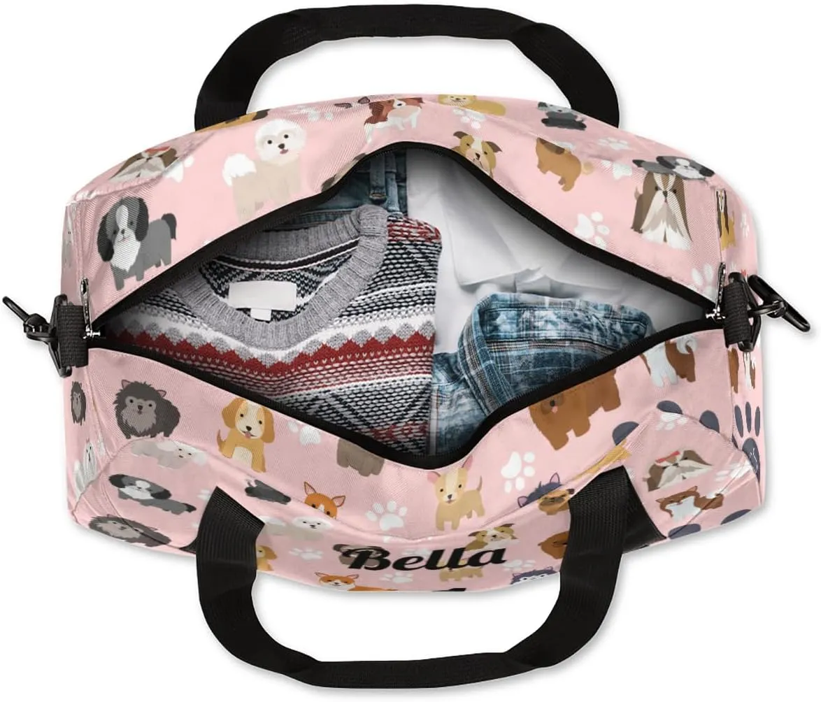 Personalized Dance Bag Gym Bag for Girls Boys, Personalized Custom Sports Gym Bag, Customized Kids Travel Duffel Bags Weekender Overnight Bag for Kids, Cute Dog Puppy Set Paw Print Pink