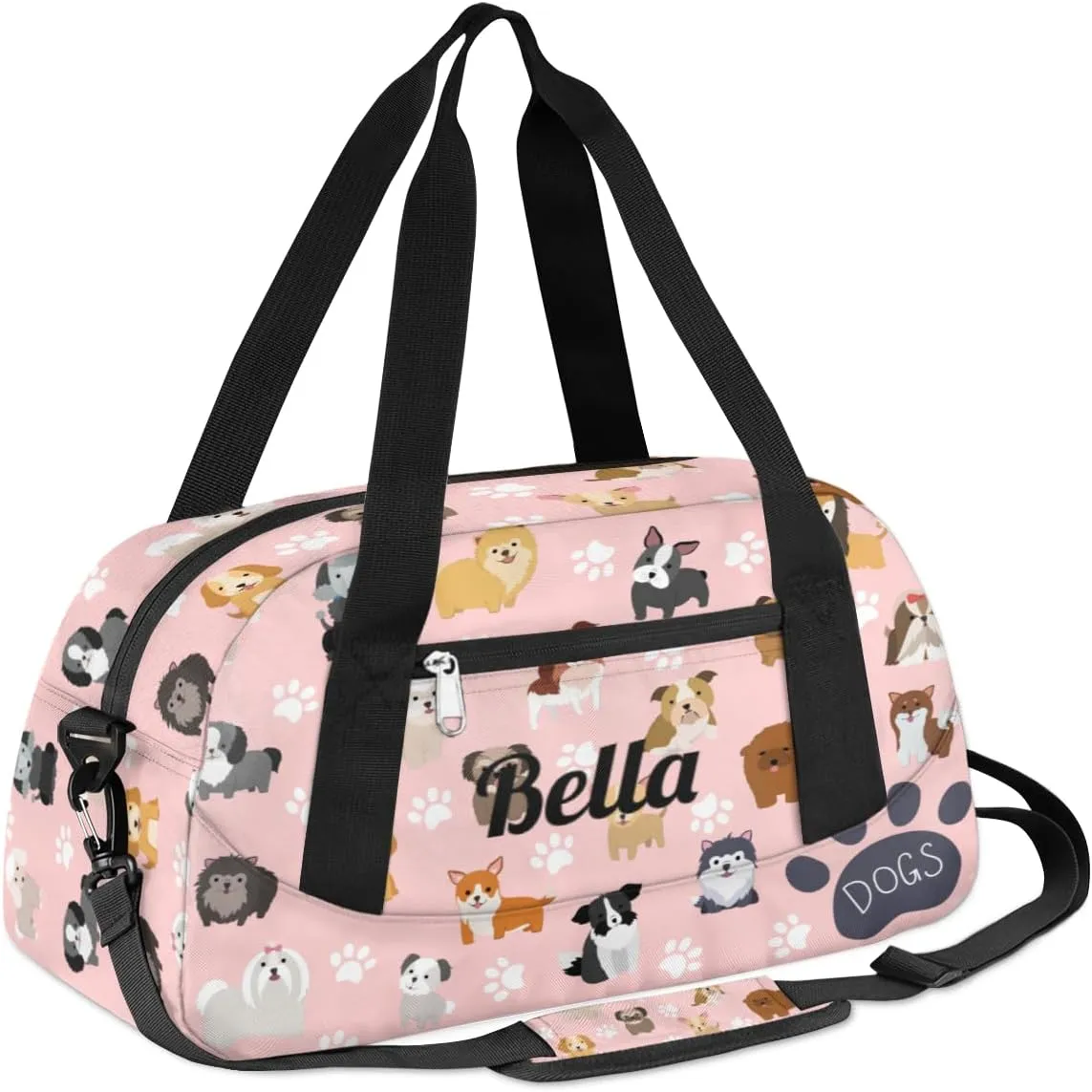 Personalized Dance Bag Gym Bag for Girls Boys, Personalized Custom Sports Gym Bag, Customized Kids Travel Duffel Bags Weekender Overnight Bag for Kids, Cute Dog Puppy Set Paw Print Pink