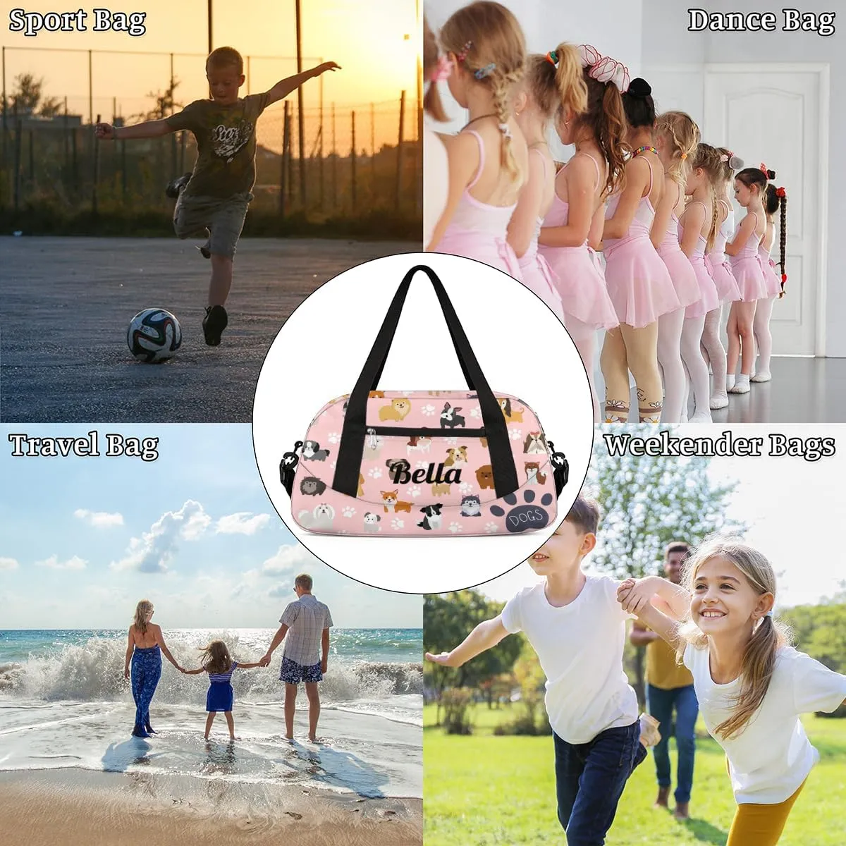Personalized Dance Bag Gym Bag for Girls Boys, Personalized Custom Sports Gym Bag, Customized Kids Travel Duffel Bags Weekender Overnight Bag for Kids, Cute Dog Puppy Set Paw Print Pink
