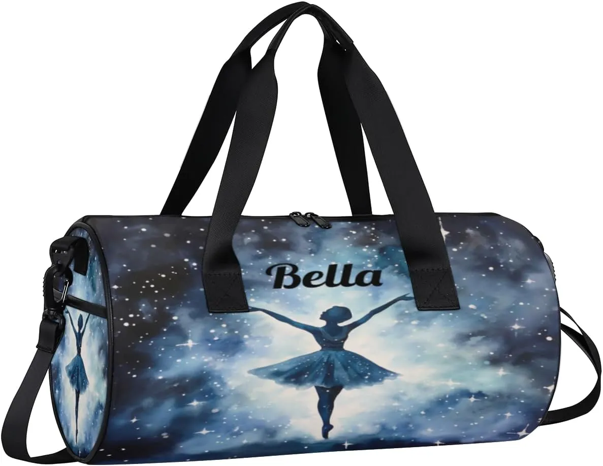 Personalized Dance Bag Gym Bag for Girls Boys, Personalized Custom Sports Gym Bag, Cylindrical Kids Travel Duffel Bags Weekender Overnight Bag for Teen Kids, Watercolor Starry Sky Ballerina