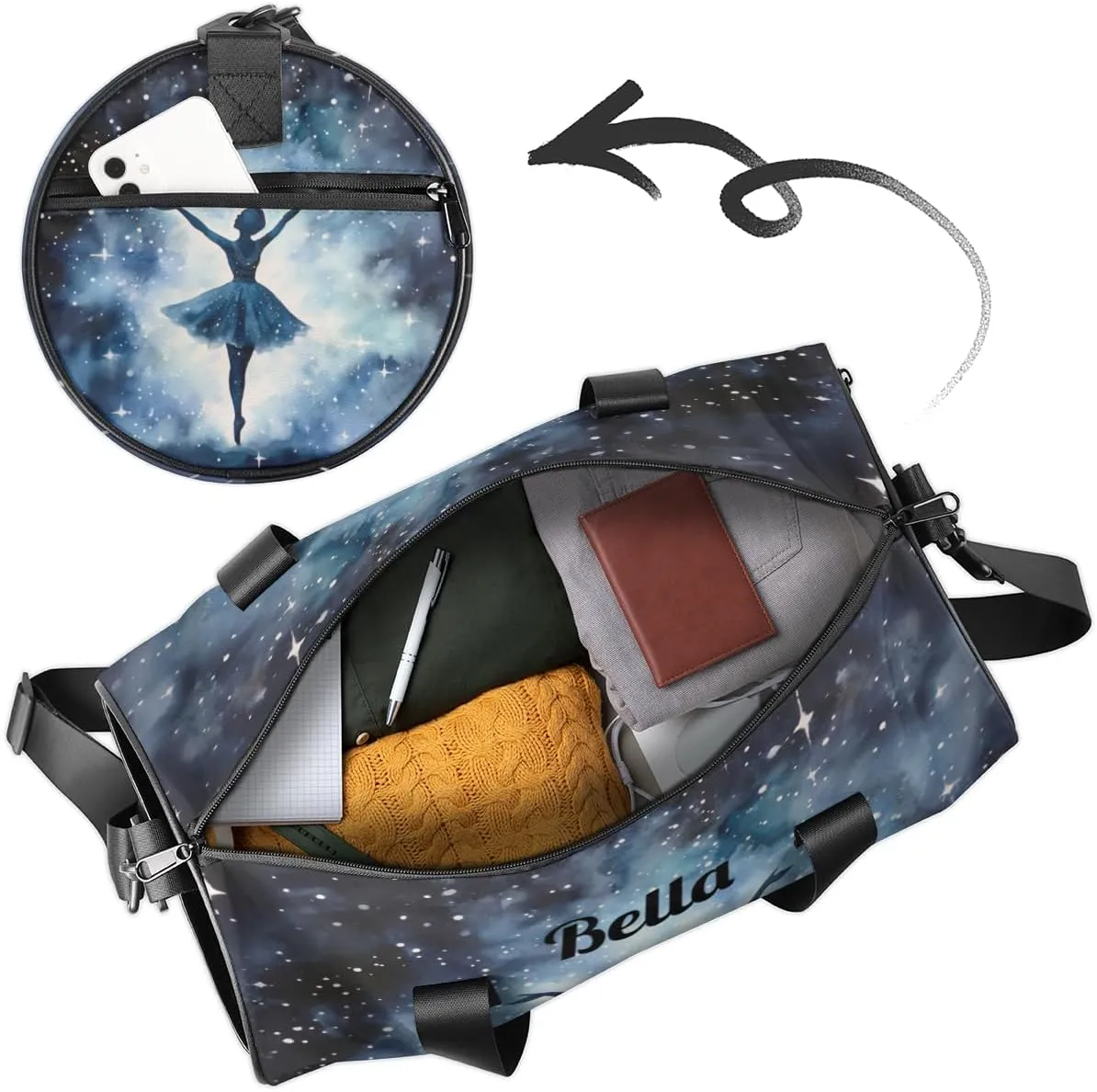 Personalized Dance Bag Gym Bag for Girls Boys, Personalized Custom Sports Gym Bag, Cylindrical Kids Travel Duffel Bags Weekender Overnight Bag for Teen Kids, Watercolor Starry Sky Ballerina