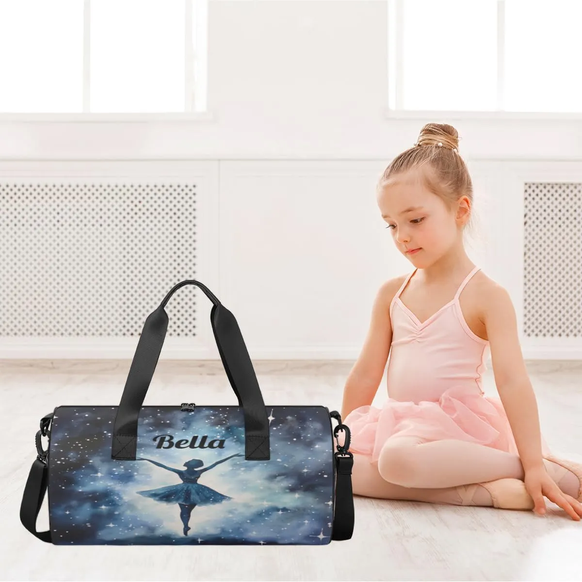 Personalized Dance Bag Gym Bag for Girls Boys, Personalized Custom Sports Gym Bag, Cylindrical Kids Travel Duffel Bags Weekender Overnight Bag for Teen Kids, Watercolor Starry Sky Ballerina