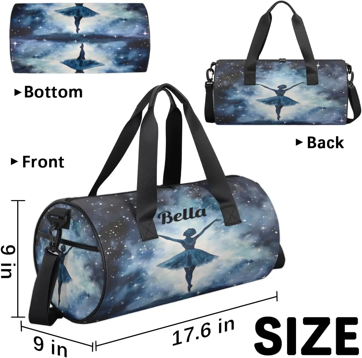 Personalized Dance Bag Gym Bag for Girls Boys, Personalized Custom Sports Gym Bag, Cylindrical Kids Travel Duffel Bags Weekender Overnight Bag for Teen Kids, Watercolor Starry Sky Ballerina