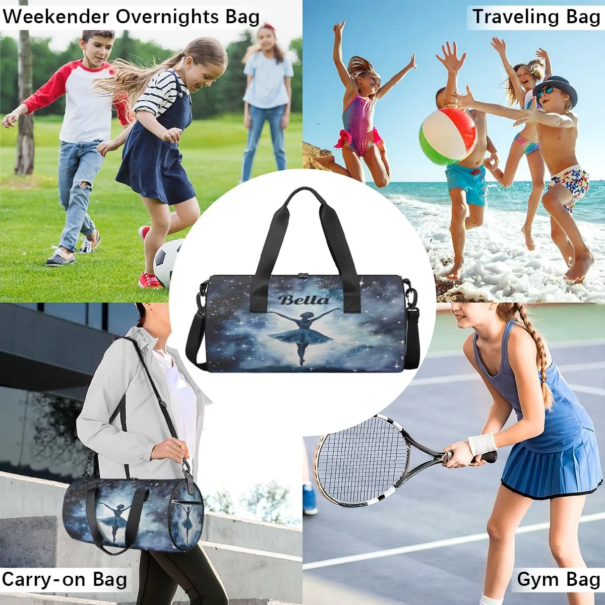 Personalized Dance Bag Gym Bag for Girls Boys, Personalized Custom Sports Gym Bag, Cylindrical Kids Travel Duffel Bags Weekender Overnight Bag for Teen Kids, Watercolor Starry Sky Ballerina