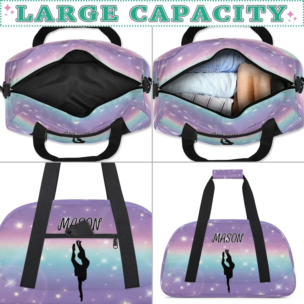 Personalized Dance Bag Gym Bag with Name for Women, Custom Sport Duffel Bag Overnight Weekender Bags Travel Duffel Bag with Dancing Silhouette, Cut Glitter Print