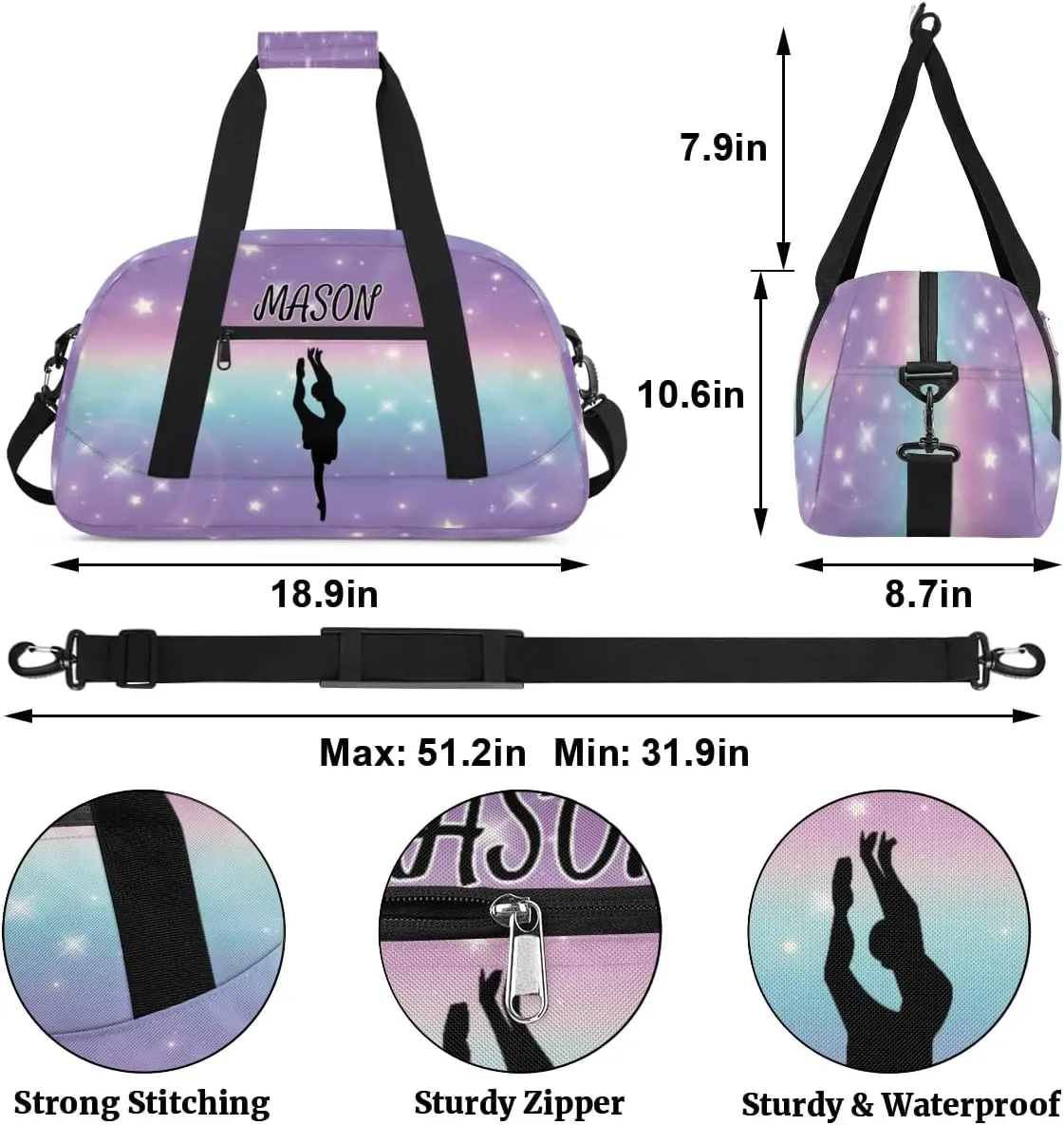 Personalized Dance Bag Gym Bag with Name for Women, Custom Sport Duffel Bag Overnight Weekender Bags Travel Duffel Bag with Dancing Silhouette, Cut Glitter Print