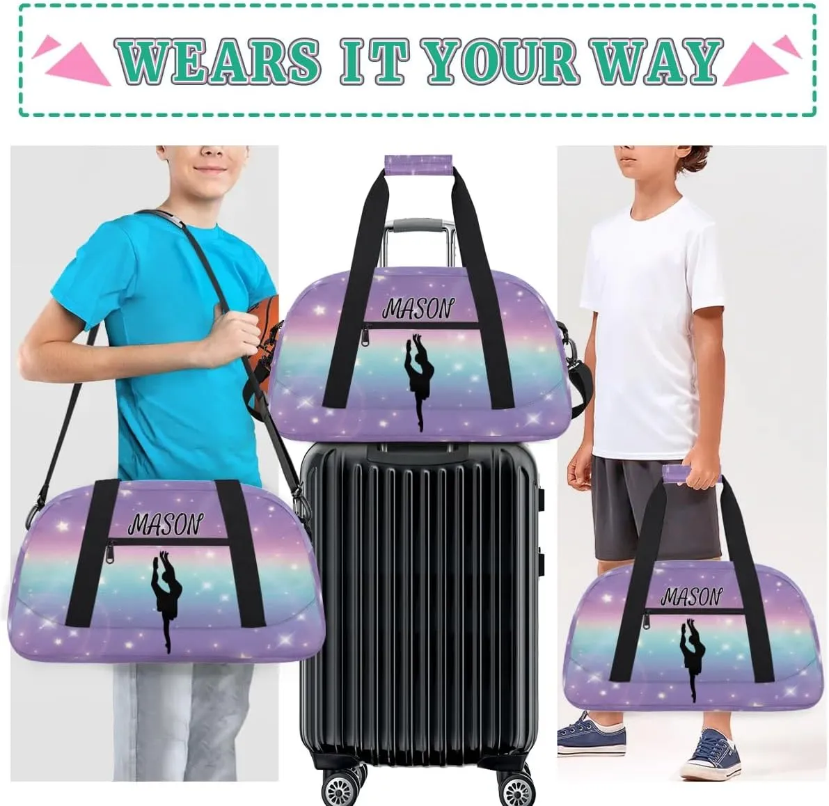 Personalized Dance Bag Gym Bag with Name for Women, Custom Sport Duffel Bag Overnight Weekender Bags Travel Duffel Bag with Dancing Silhouette, Cut Glitter Print