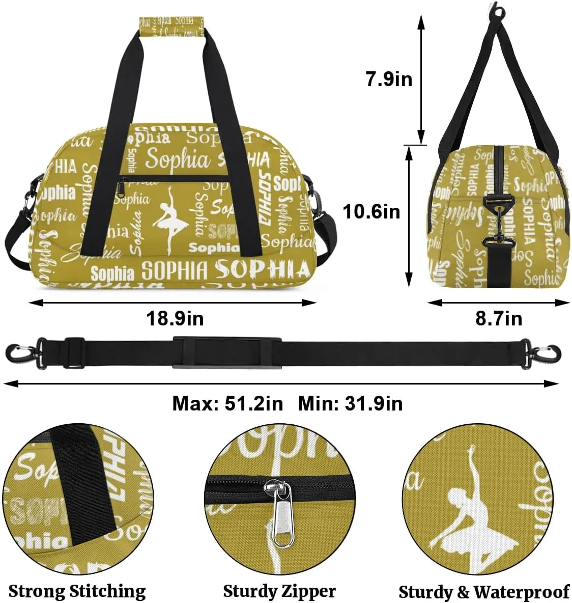 Personalized Dance Ballet Bag Sport Duffel Bag for Dancer Custom Dance Overnight Weekender Bags Personalized Dance Gifts, Brown