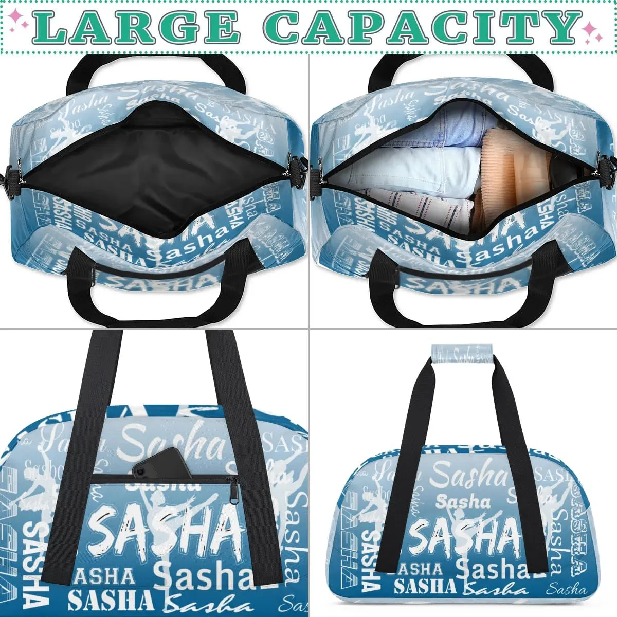Personalized Dance Duffel Bag Name Cheer Bags, Custom Sport Duffel Gym Bag Weekender Bags for Travel Blue Gradient Gymnastics Bag