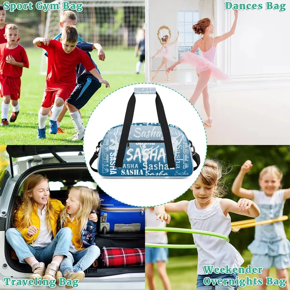 Personalized Dance Duffel Bag Name Cheer Bags, Custom Sport Duffel Gym Bag Weekender Bags for Travel Blue Gradient Gymnastics Bag