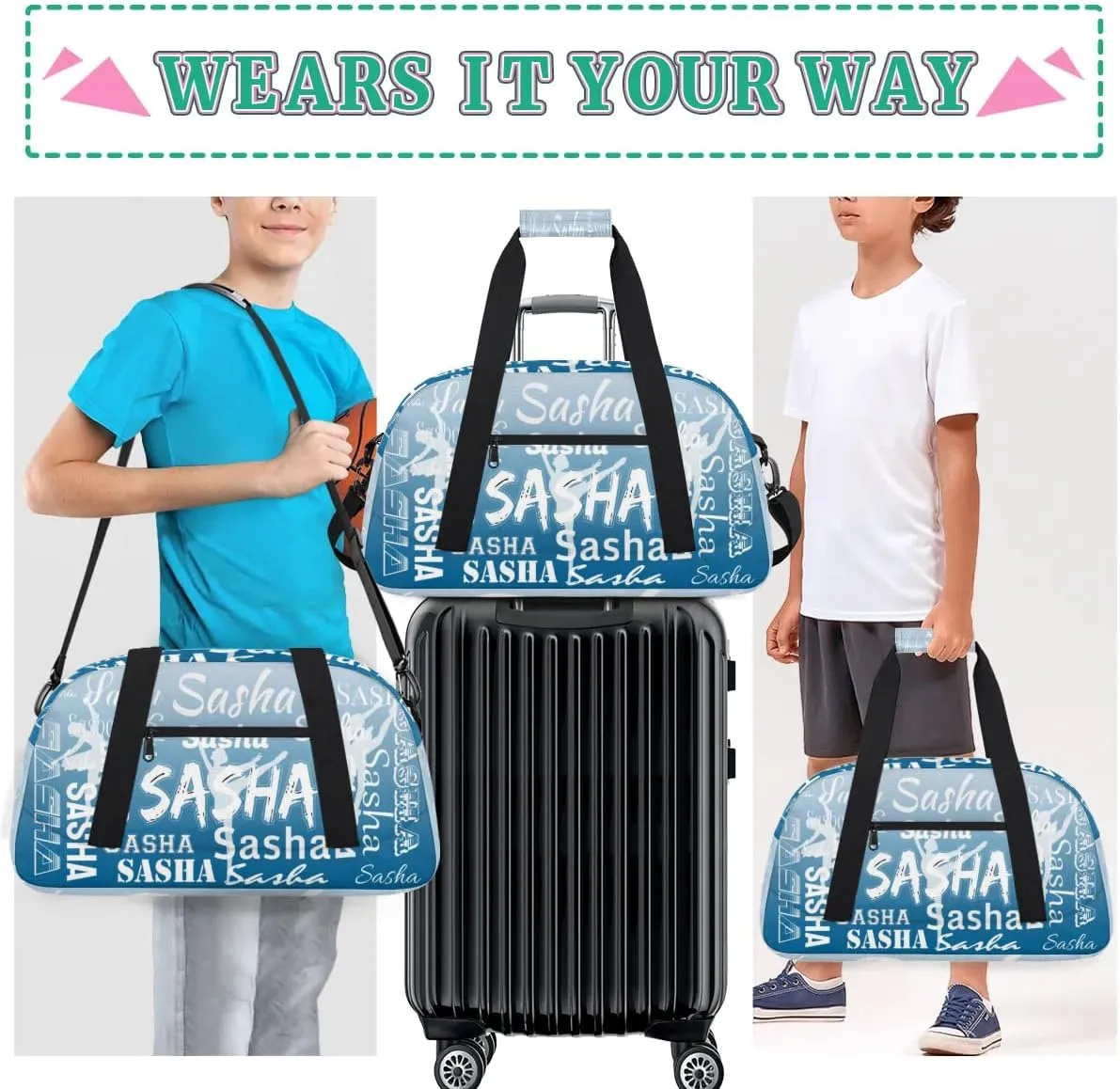 Personalized Dance Duffel Bag Name Cheer Bags, Custom Sport Duffel Gym Bag Weekender Bags for Travel Blue Gradient Gymnastics Bag