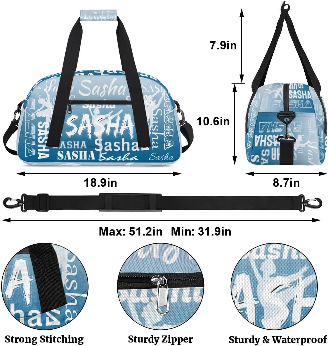 Personalized Dance Duffel Bag Name Cheer Bags, Custom Sport Duffel Gym Bag Weekender Bags for Travel Blue Gradient Gymnastics Bag