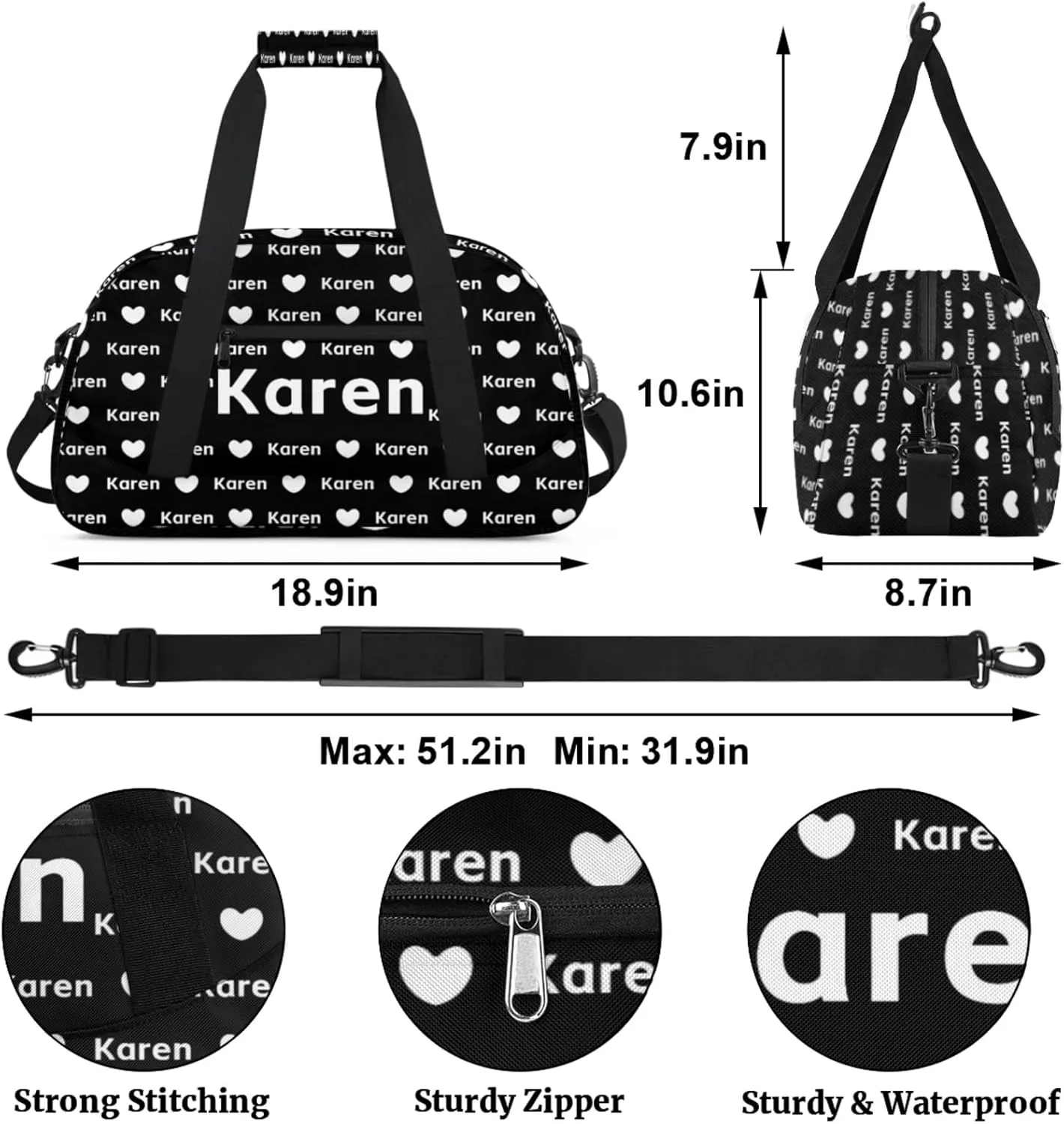 Personalized Dance Duffel Bag with Name Custom Sport Gym Travel Bags for Women Men, Customized Overnight Bags Weekender Bag, Black