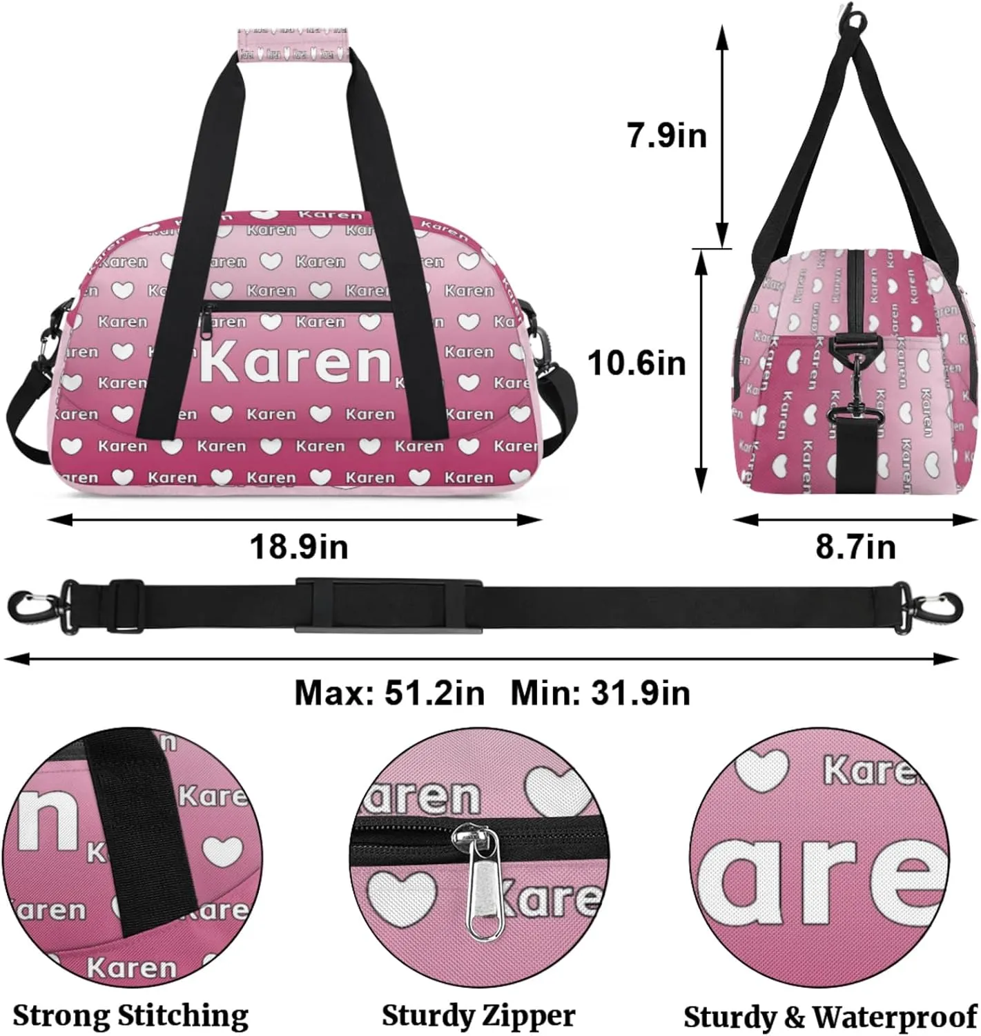 Personalized Dance Duffel Bag with Name Custom Sport Gym Travel Bags for Women Men, Customized Overnight Bags Weekender Bag, Dark Pink Gradient