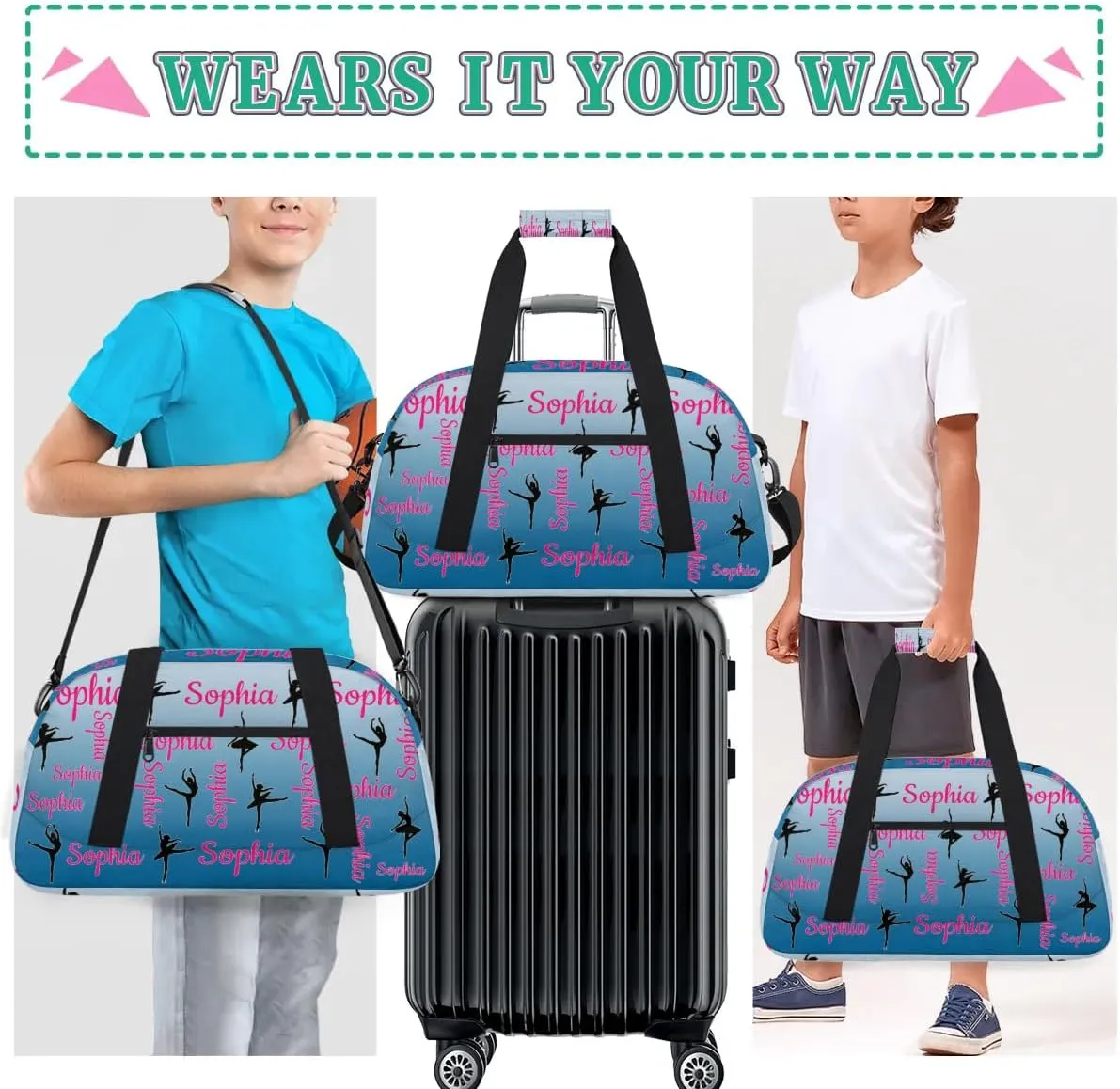 Personalized Dance Gymnastics Bags, Custom Name Duffel Bag Cheer Bags, Custom Sport Duffel Gym Bag Travel Weekender Bags Blue Gradient