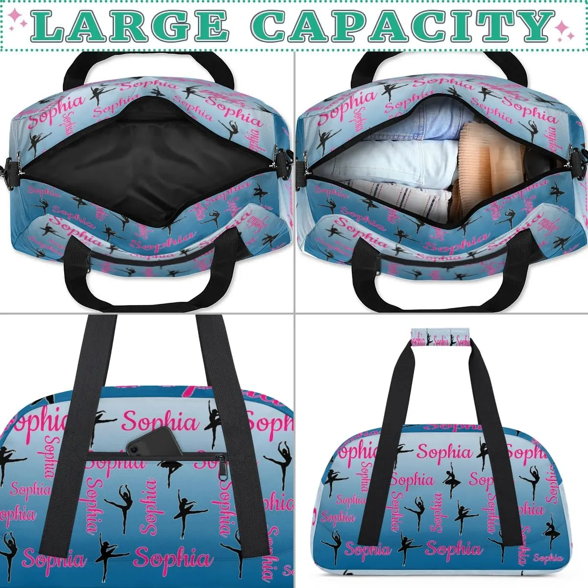 Personalized Dance Gymnastics Bags, Custom Name Duffel Bag Cheer Bags, Custom Sport Duffel Gym Bag Travel Weekender Bags Blue Gradient