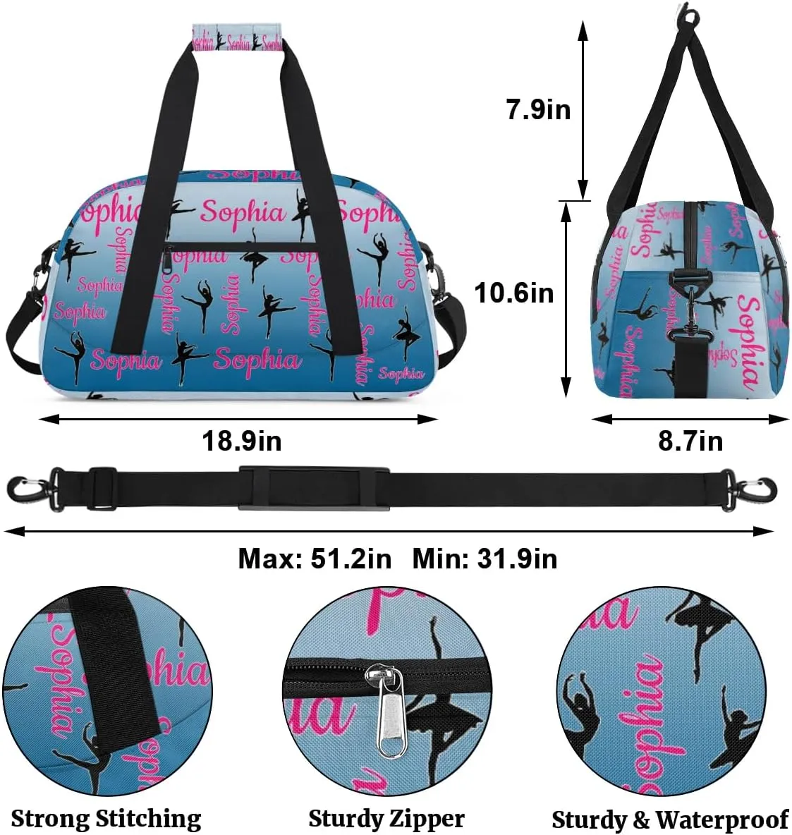 Personalized Dance Gymnastics Bags, Custom Name Duffel Bag Cheer Bags, Custom Sport Duffel Gym Bag Travel Weekender Bags Blue Gradient