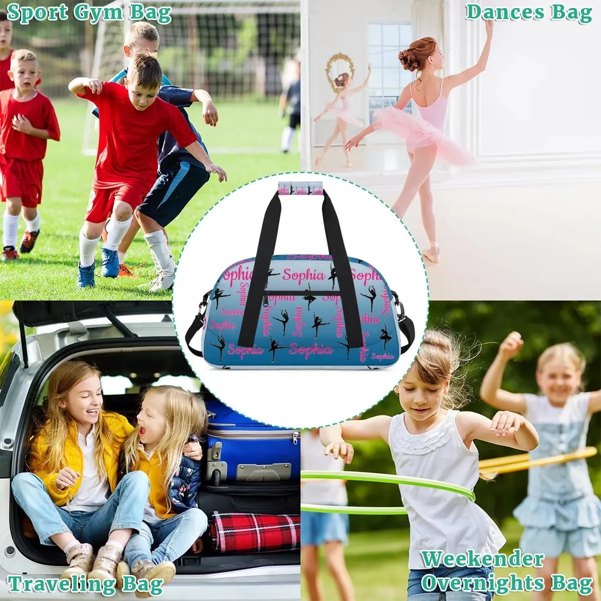Personalized Dance Gymnastics Bags, Custom Name Duffel Bag Cheer Bags, Custom Sport Duffel Gym Bag Travel Weekender Bags Blue Gradient