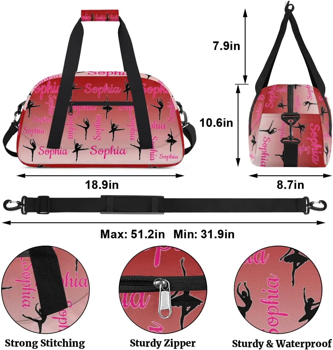 Personalized Dance Gymnastics Bags, Custom Name Duffel Bag Cheer Bags, Custom Sport Duffel Gym Bag Travel Weekender Bags Deep Red Gradient