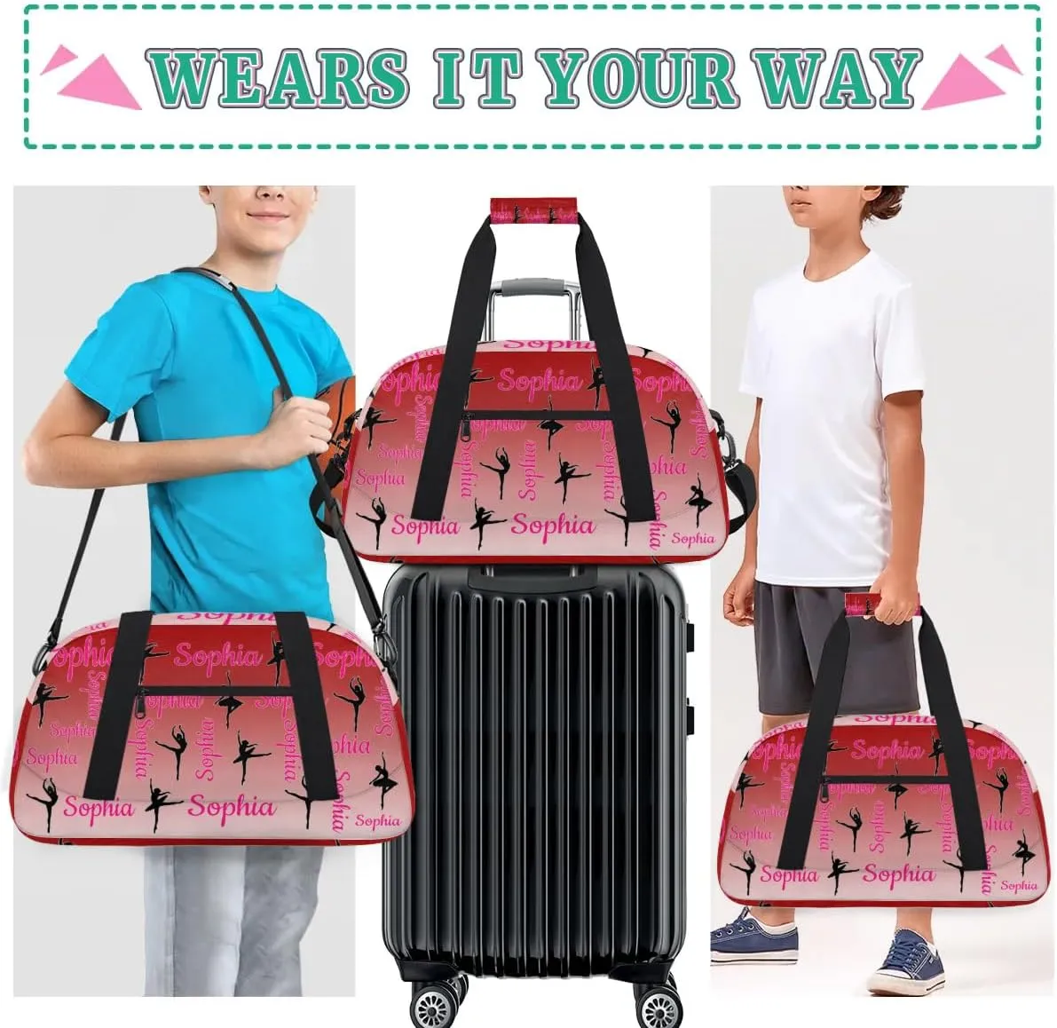 Personalized Dance Gymnastics Bags, Custom Name Duffel Bag Cheer Bags, Custom Sport Duffel Gym Bag Travel Weekender Bags Deep Red Gradient