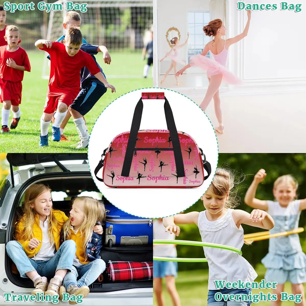 Personalized Dance Gymnastics Bags, Custom Name Duffel Bag Cheer Bags, Custom Sport Duffel Gym Bag Travel Weekender Bags Deep Red Gradient
