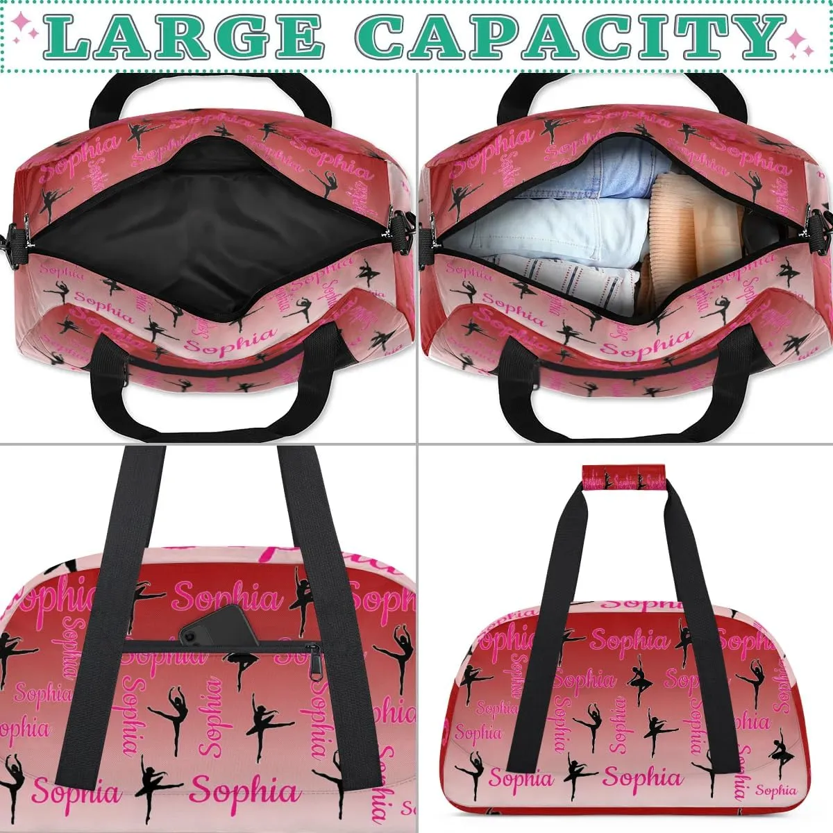 Personalized Dance Gymnastics Bags, Custom Name Duffel Bag Cheer Bags, Custom Sport Duffel Gym Bag Travel Weekender Bags Deep Red Gradient