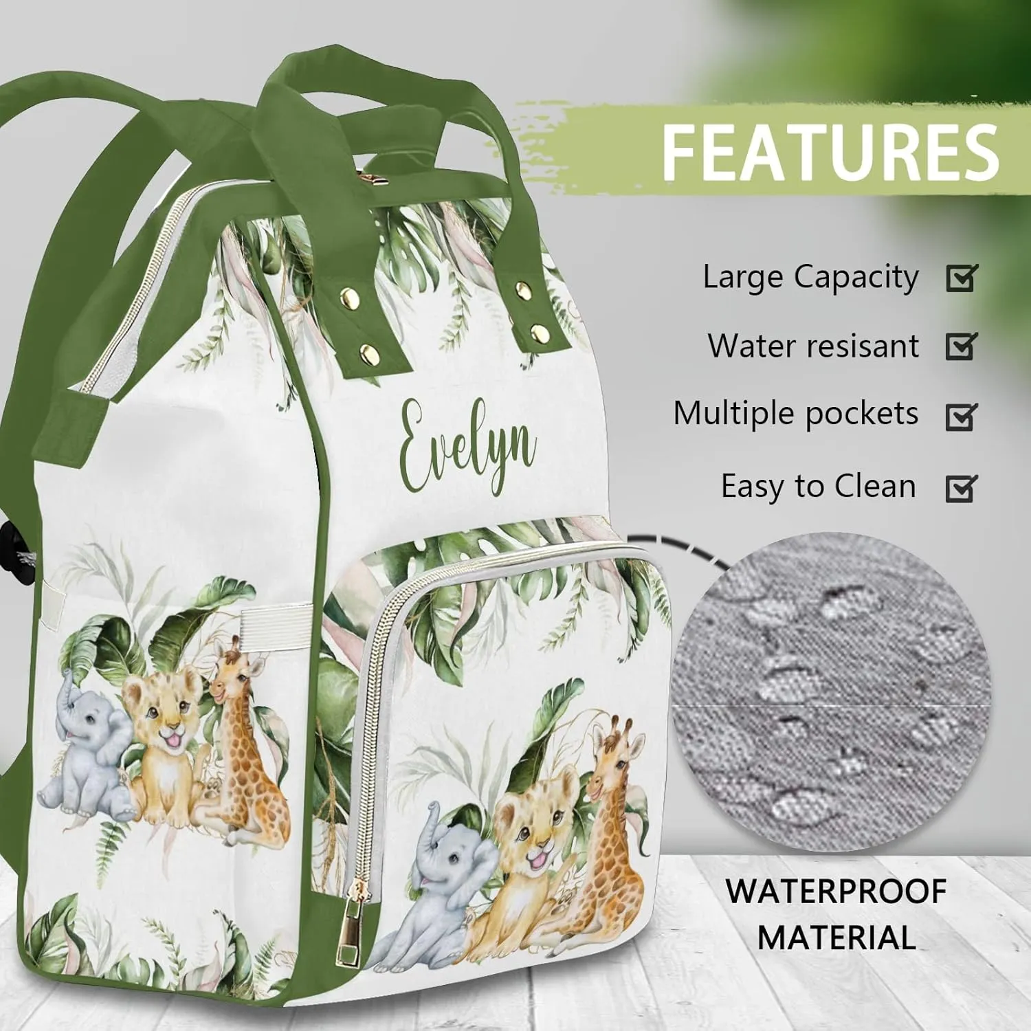 Personalized Diaper Bag Backpack Tote,Safari Jungle Animal,Custom Diaper Bags for Shower Gift 10.83"x6.69"x15"