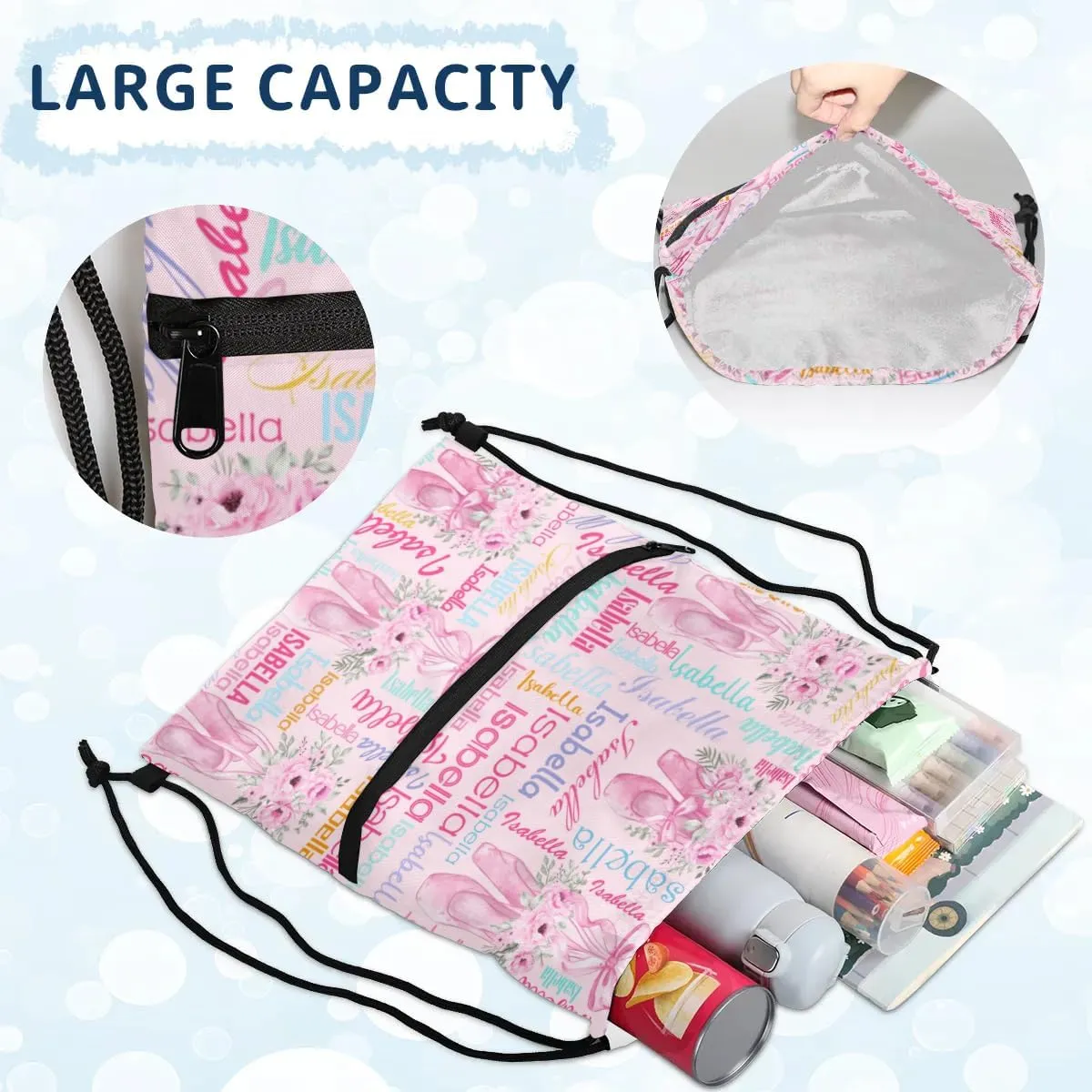 Personalized Drawstring Backpack Dance Bag Gymnastics Bag for Girl, Custom Sport Sackpack String Gym Bag Weekender Bags for Boy Ballet Shoes Pink