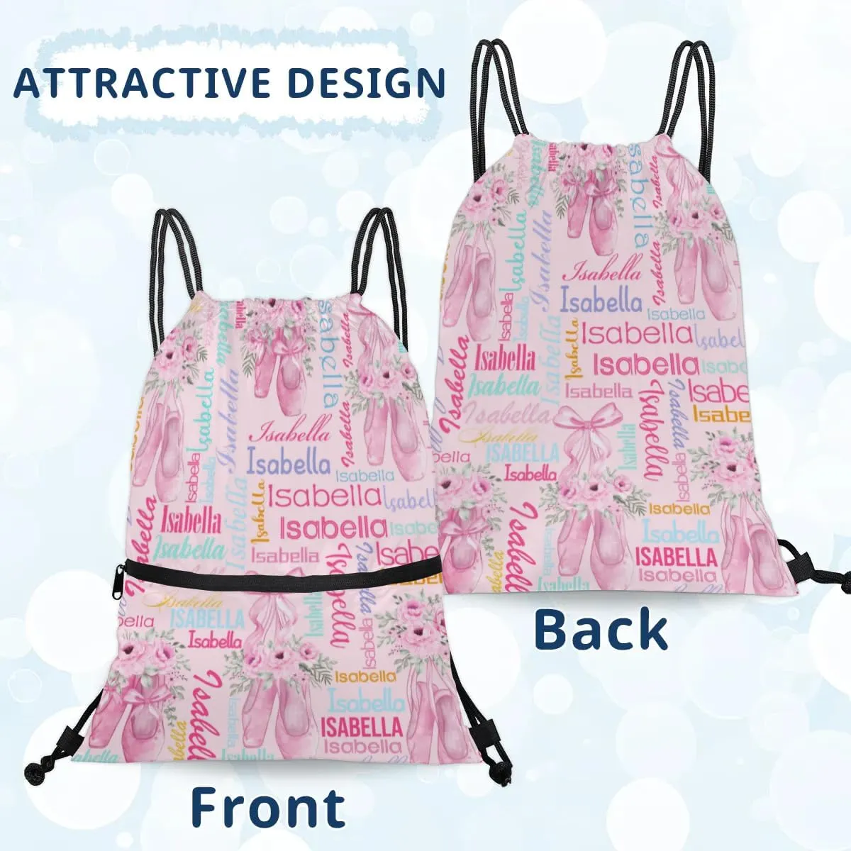 Personalized Drawstring Backpack Dance Bag Gymnastics Bag for Girl, Custom Sport Sackpack String Gym Bag Weekender Bags for Boy Ballet Shoes Pink