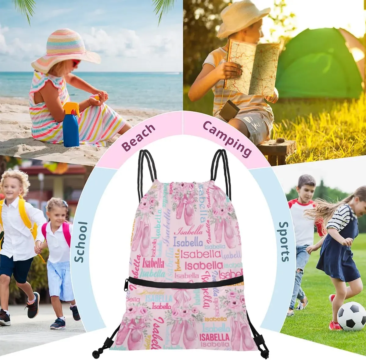 Personalized Drawstring Backpack Dance Bag Gymnastics Bag for Girl, Custom Sport Sackpack String Gym Bag Weekender Bags for Boy Ballet Shoes Pink